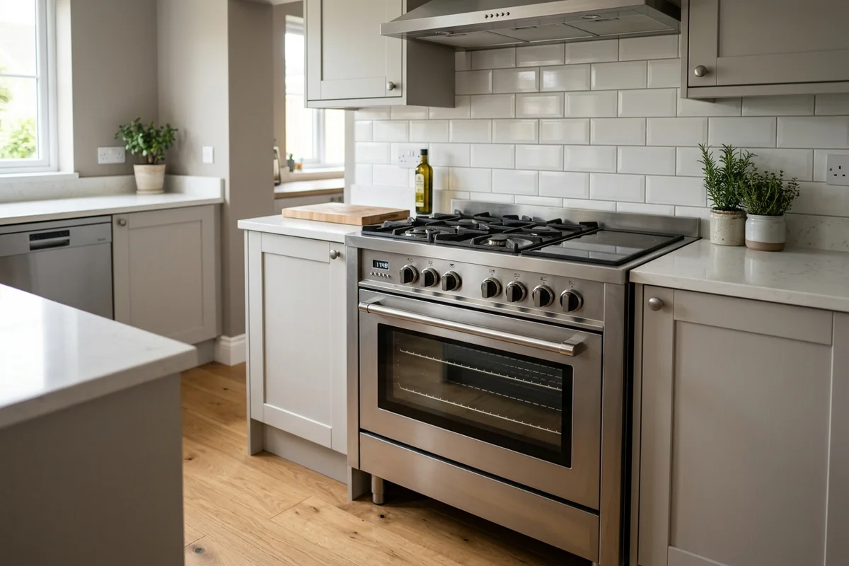 A freestanding stainless steel kitchen cooker range with gas hob and oven.