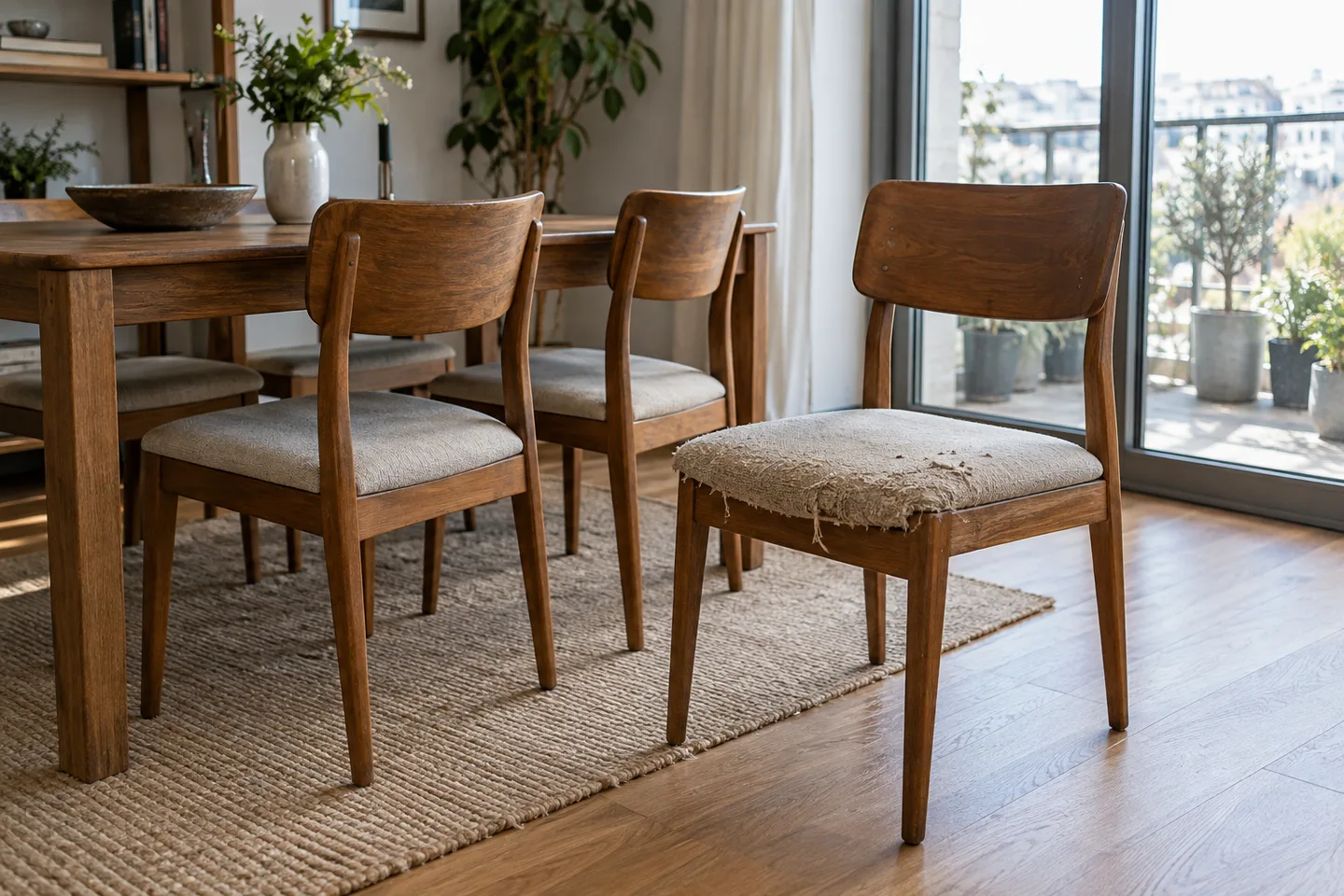 Four matching dining chairs beside a table, with one worn upholstered seat positioned for inspection.