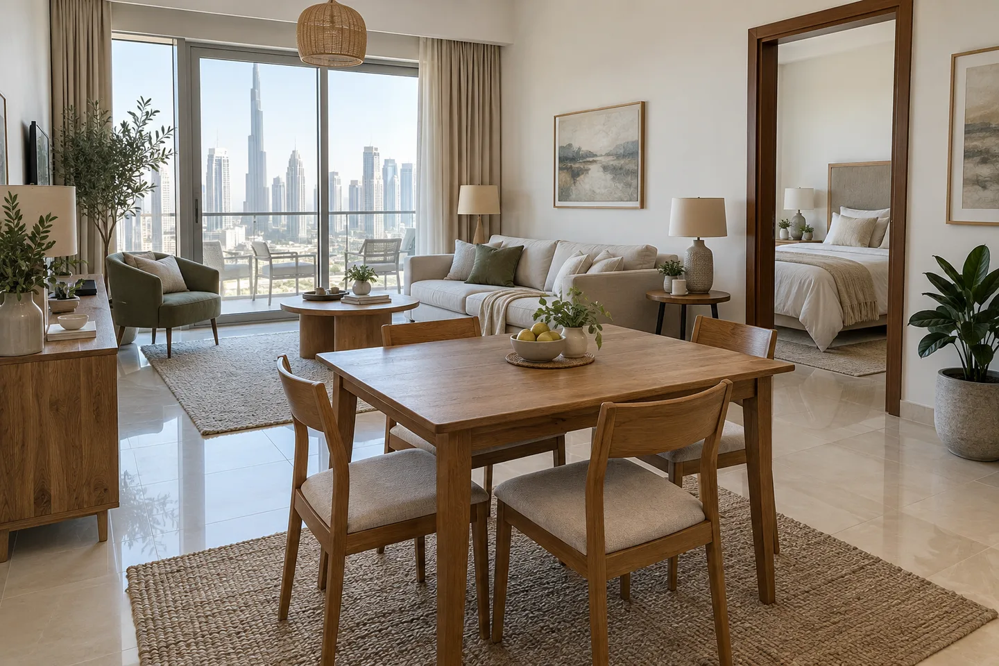 A furnished apartment with a matching dining set, living room furniture and a bedroom beyond.