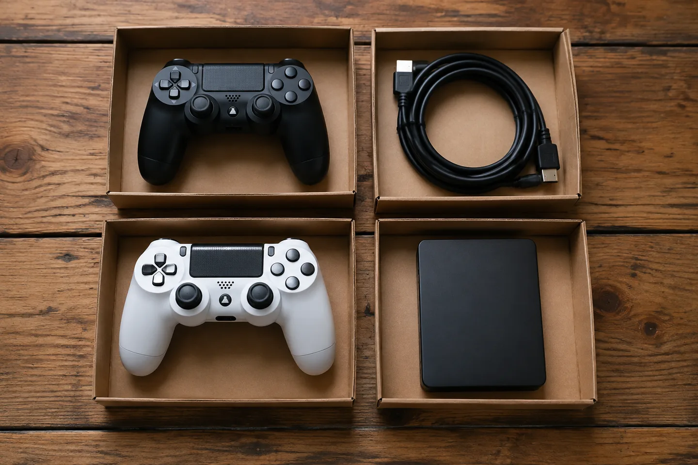 Two game controllers, a coiled cable and an external drive arranged in separate cardboard trays.