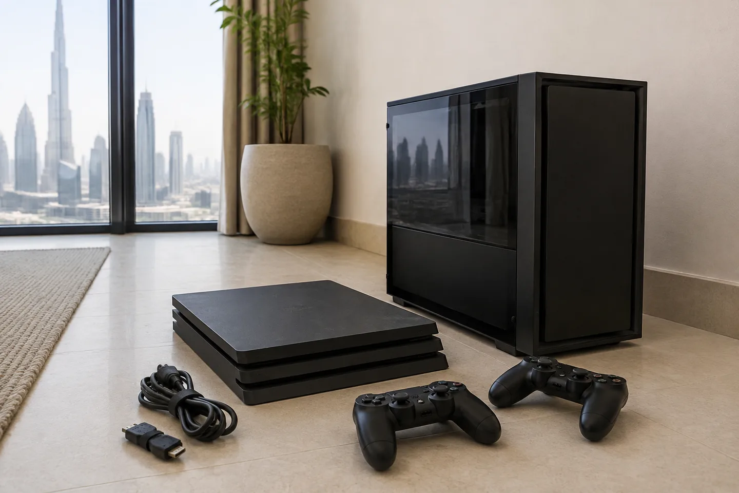 An unplugged game console and two controllers beside a desktop gaming tower on an apartment floor.
