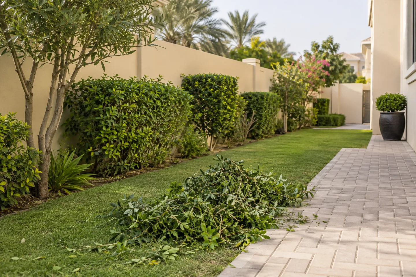 Cut leafy branches and hedge trimmings beside a paved path and retained planting in a villa garden.