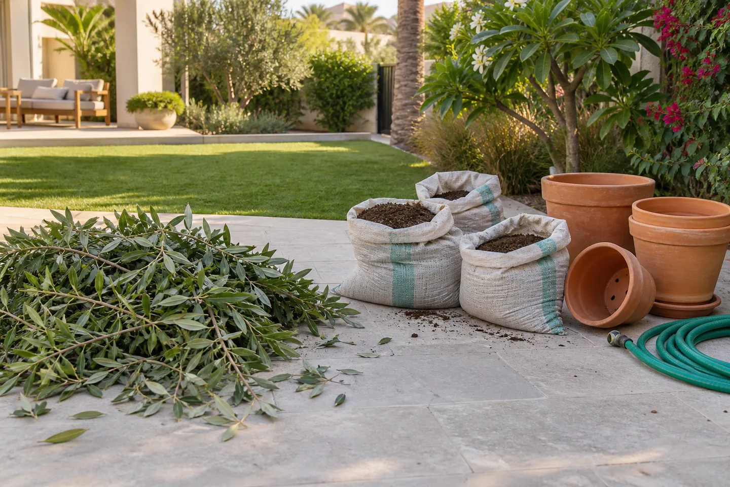 Separate groups of leafy cuttings, partly filled soil sacks and empty terracotta pots on garden paving.