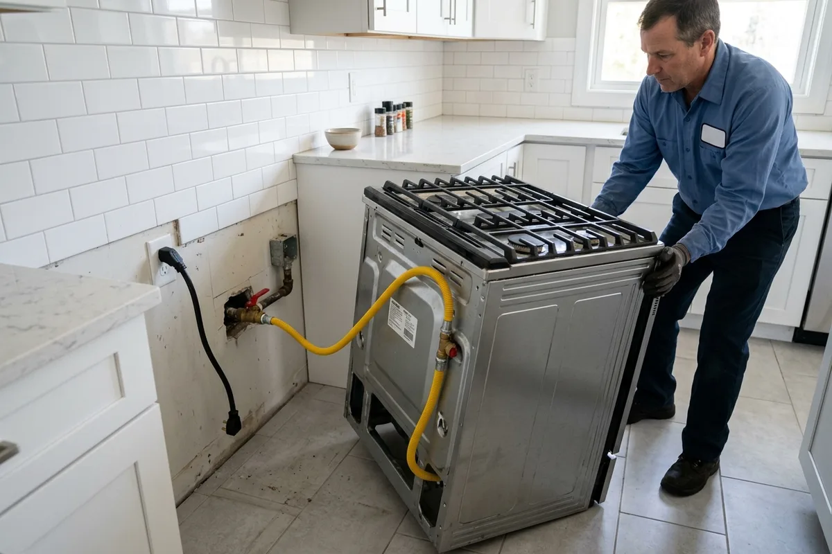 A freestanding gas stove range pulled forward from the kitchen wall with the yellow gas connection hose and power cable visible behind it
