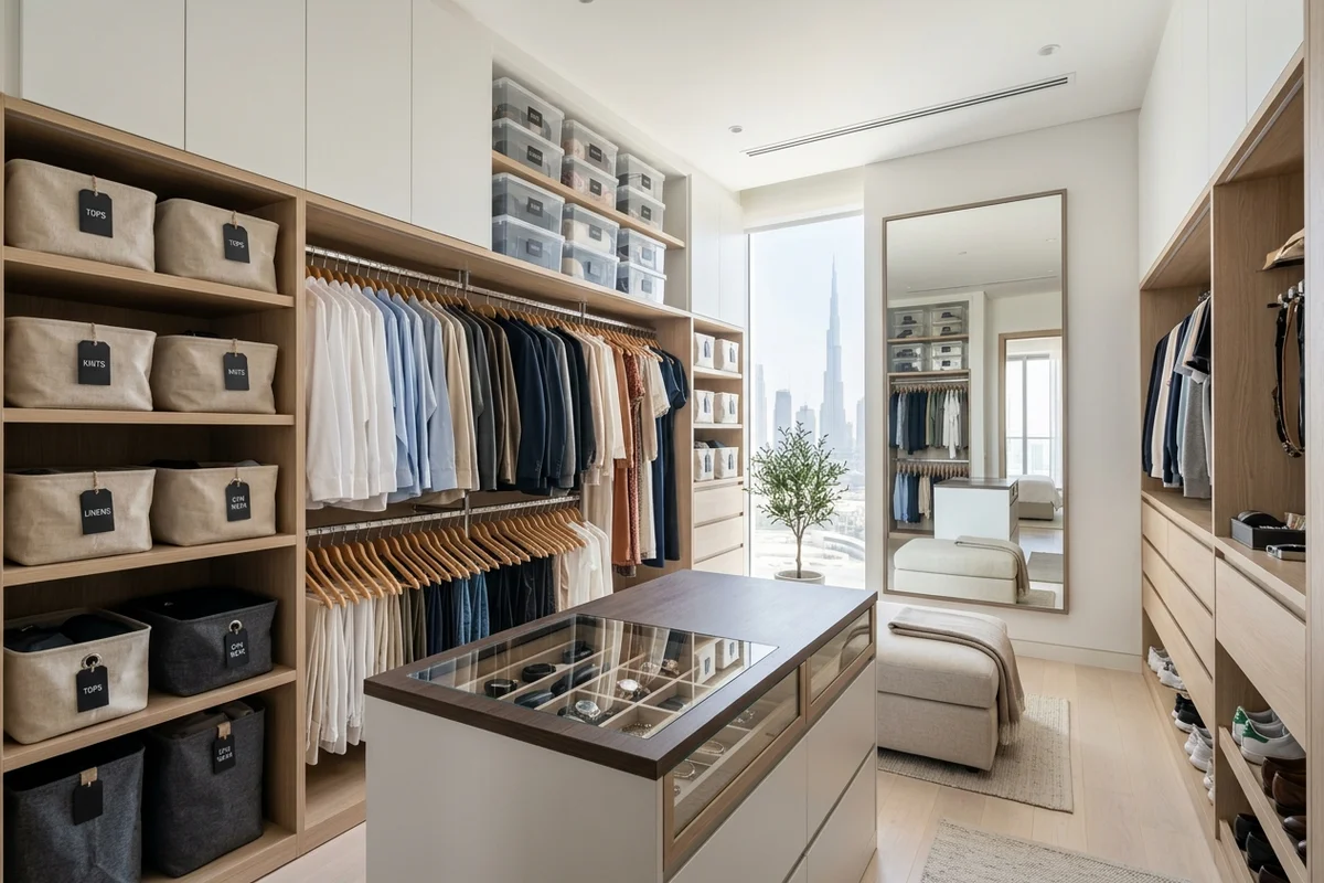 Walk-in dressing room with neatly folded textiles in fabric bins and labeled shelving in a Dubai residence