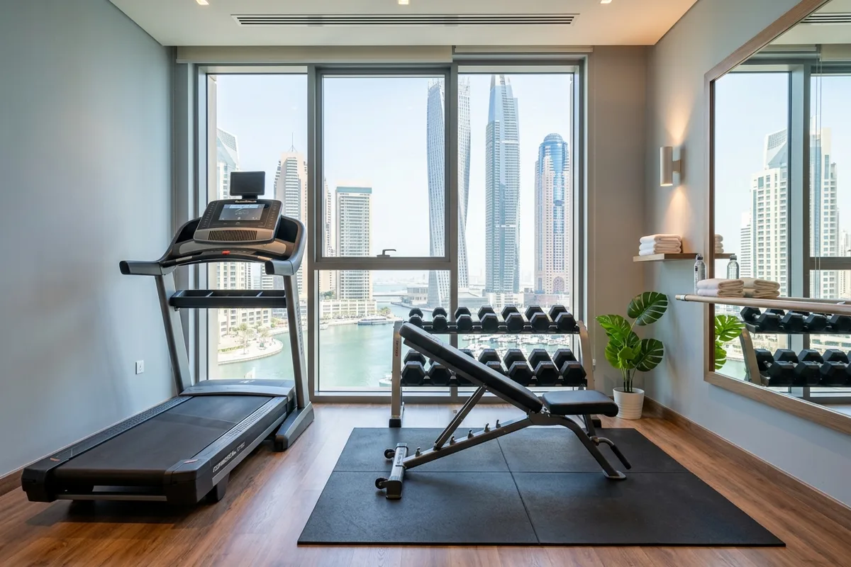 A home gym setup in a Dubai apartment with a treadmill, adjustable weight bench, and dumbbell rack beside floor-to-ceiling windows