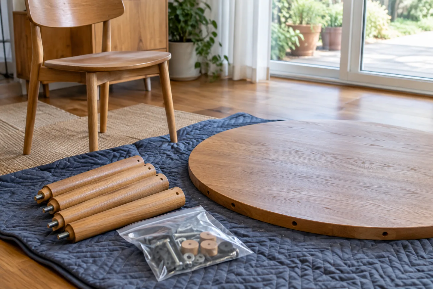 Dismantled wooden table parts and a pouch of fittings kept together beside a chair