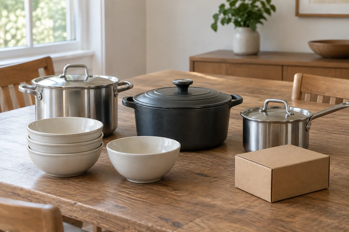 Several cooking pots and a group of bowls arranged on a dining table beside a plain carton.