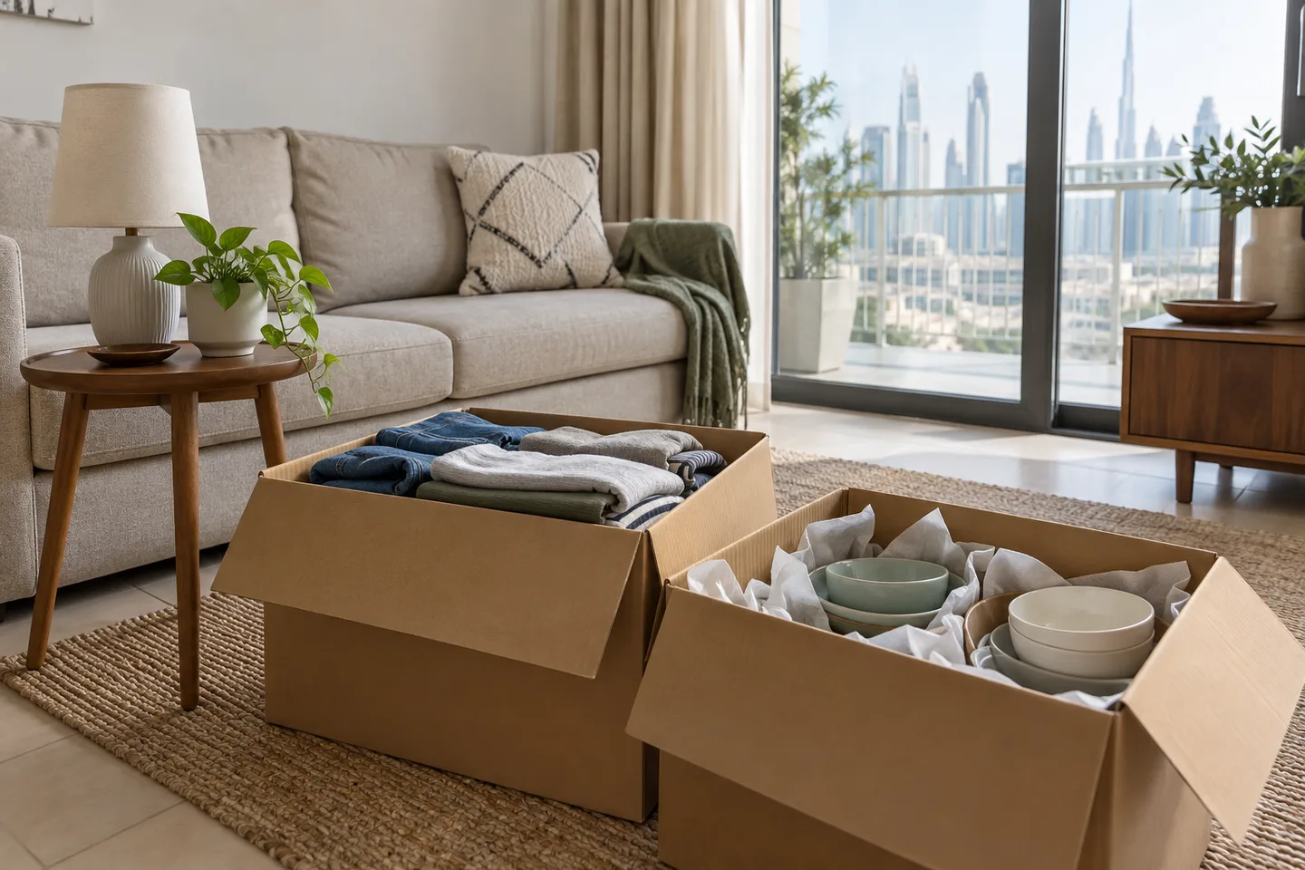 Separate groups of folded clothing, kitchenware and a small table in an apartment living room.
