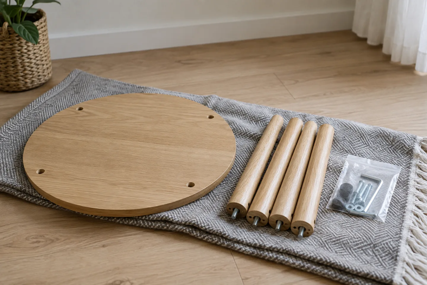 A wooden tabletop, four detached legs and a bag of fixings grouped together on a blanket.