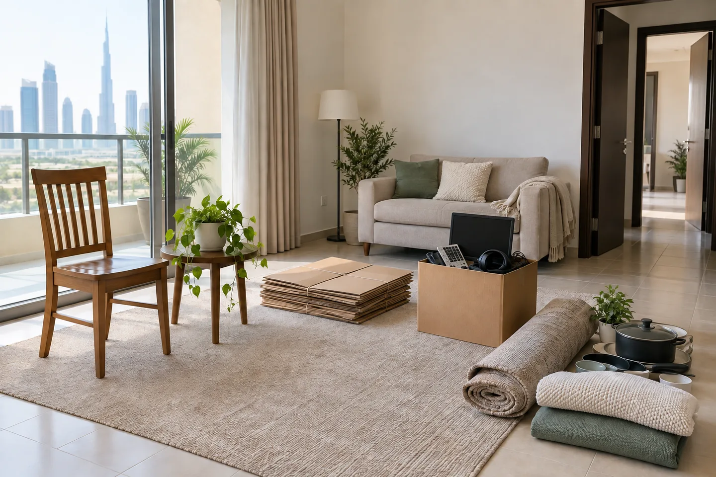 Wooden furniture, flattened cardboard and a box of electronics grouped separately in an apartment
