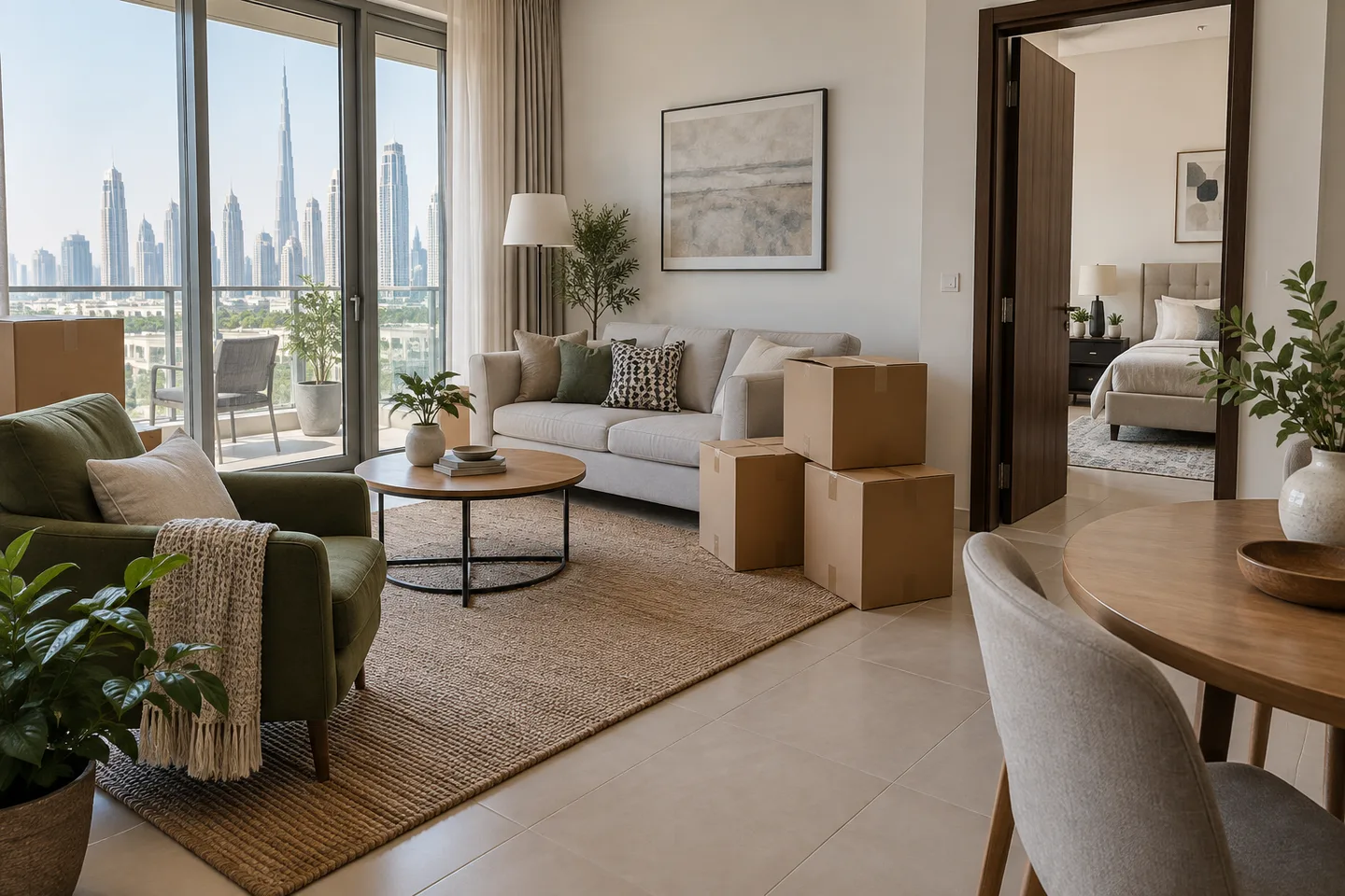 A furnished apartment with a sofa, armchair, dining table and cartons awaiting a clearance assessment.