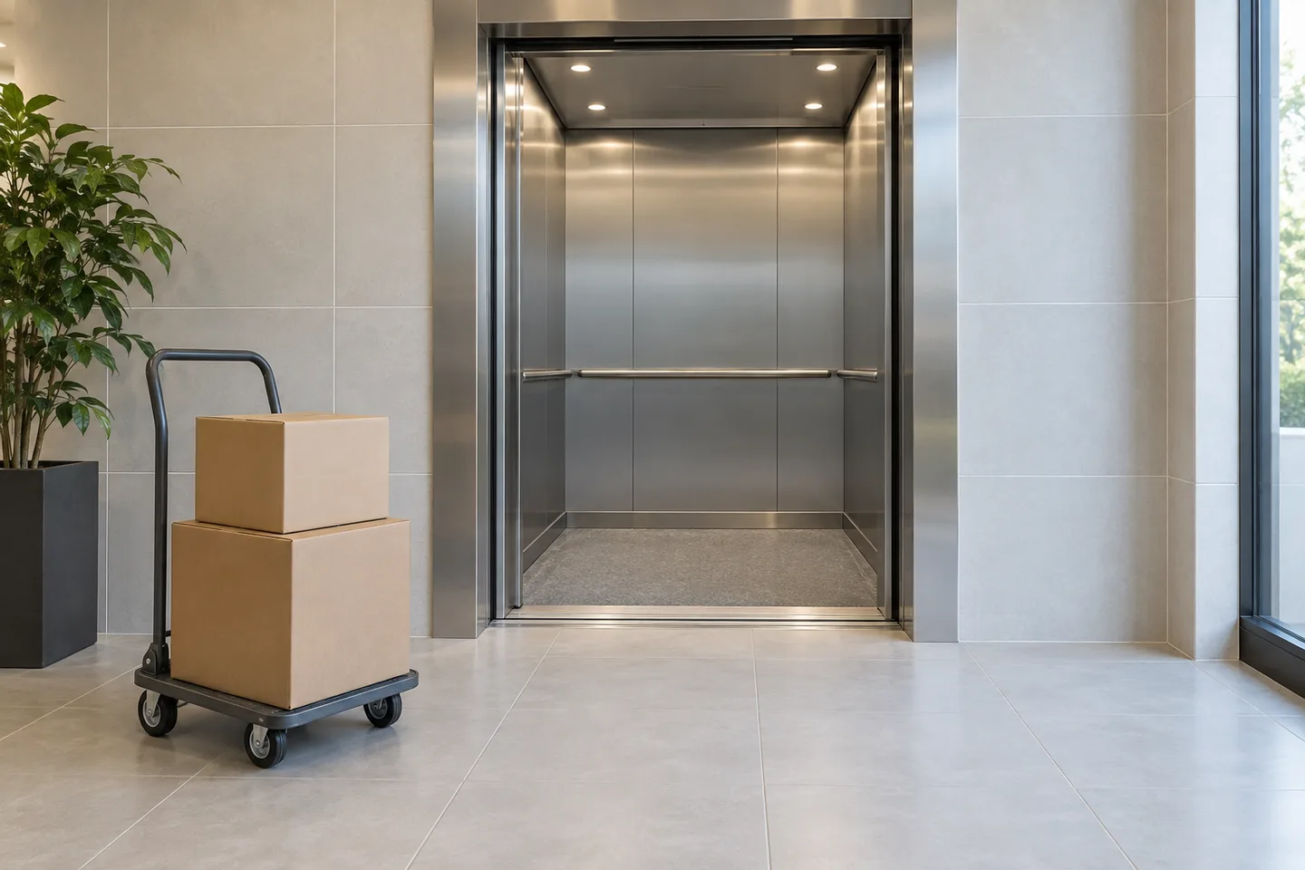 An open service lift and tiled lobby with cartons on a trolley clear of the doorway.