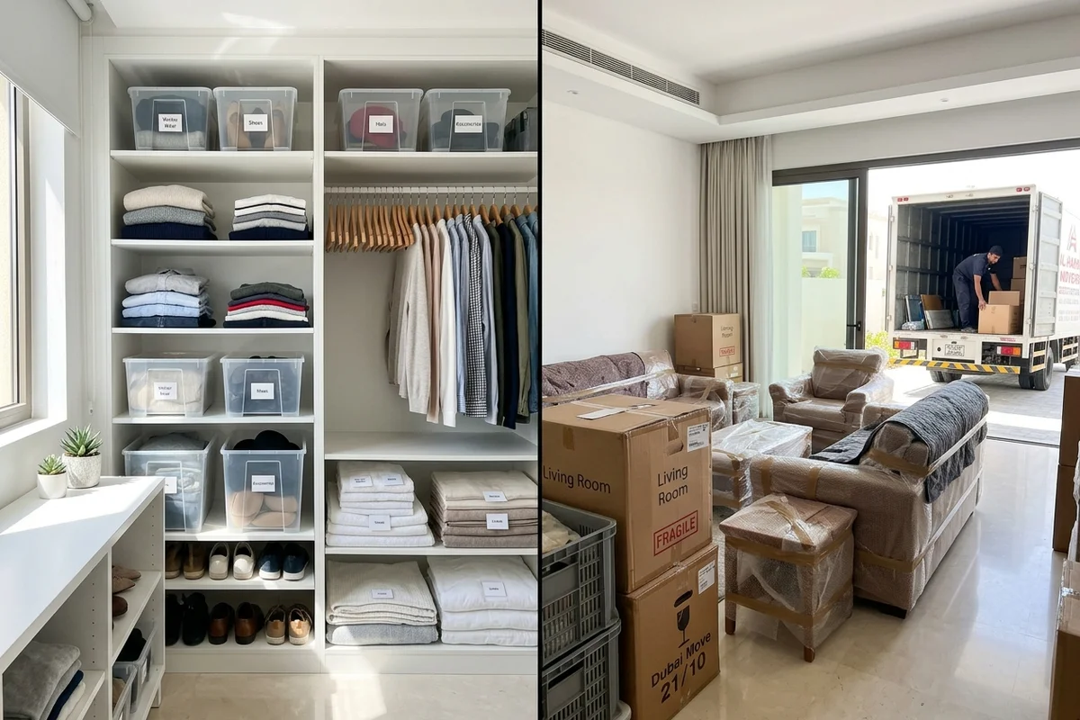 Comparison of organized closet decluttering alongside heavy residential furniture clearance and loading in Dubai