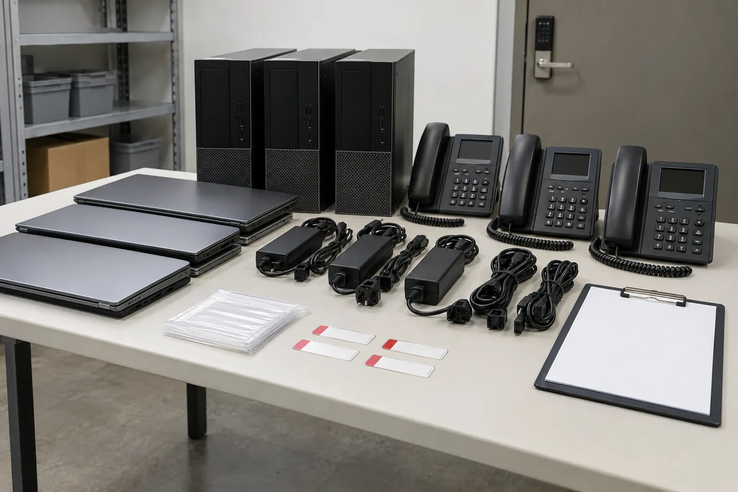 Laptops, desktop towers, desk phones and power adapters arranged in rows on an IT staging table