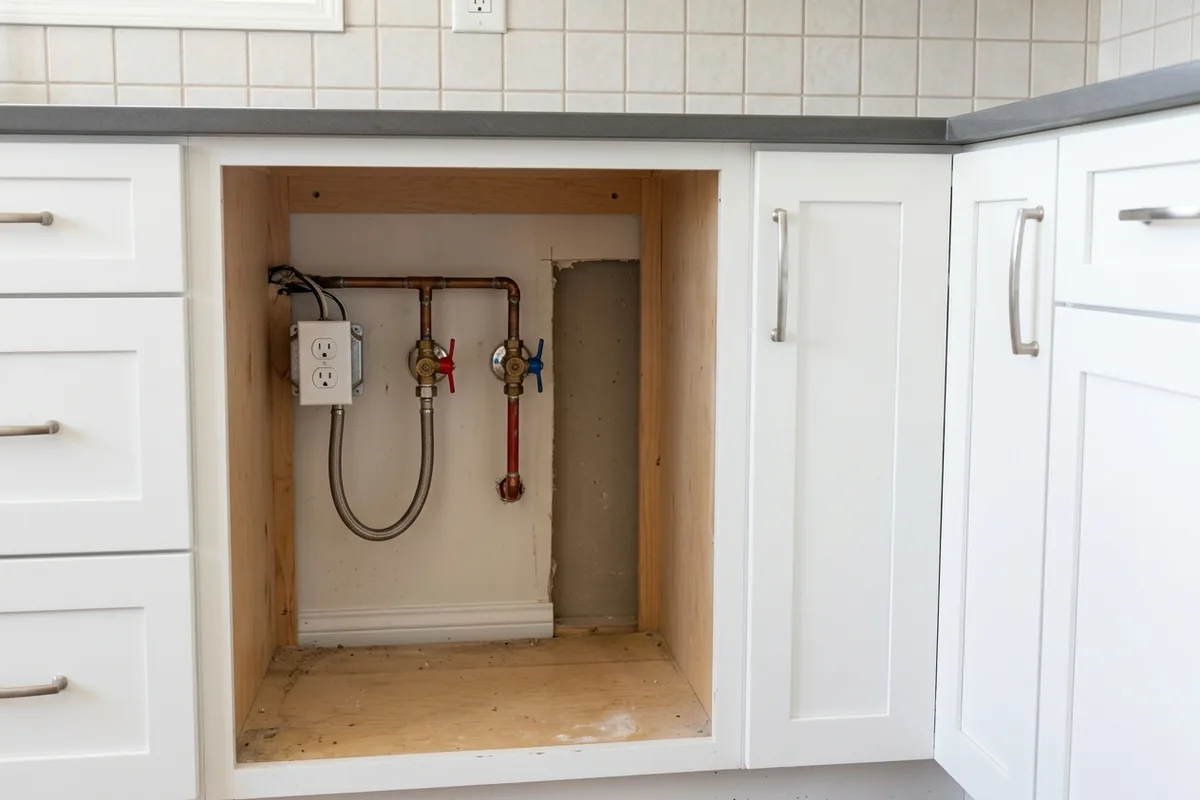 An empty kitchen cabinet space with exposed electrical wall socket and water plumbing shutoff valves after appliance removal.