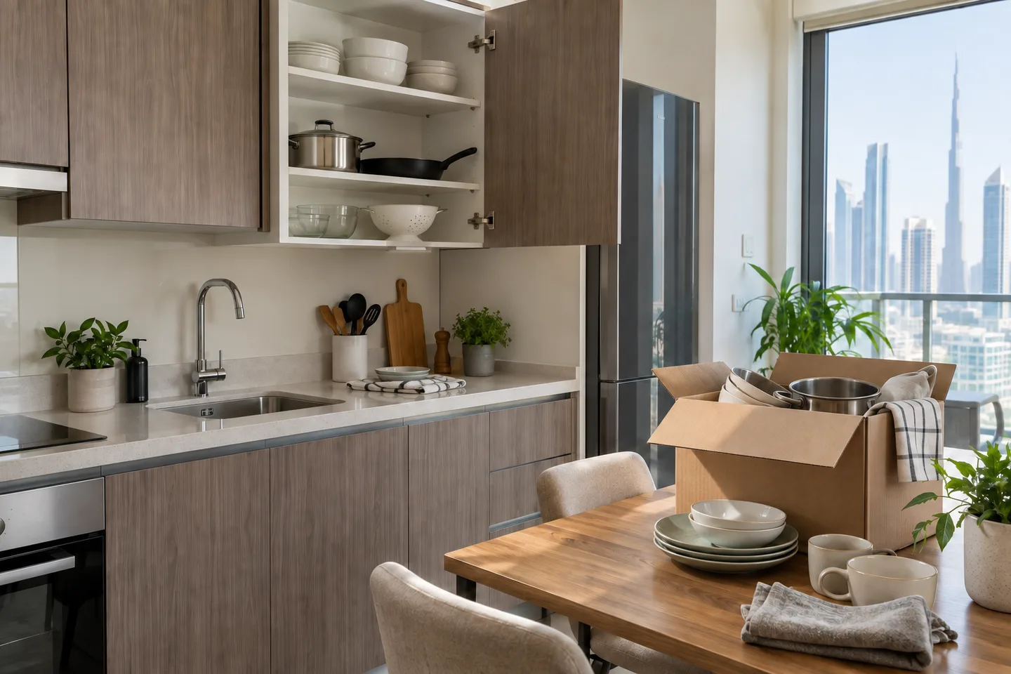 Intact fitted kitchen cabinets with pots, bowls and a carton of loose kitchenware on a table.