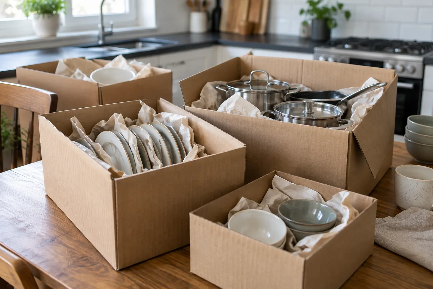 Small cartons containing cushioned plates and separate cooking pots on a kitchen table.