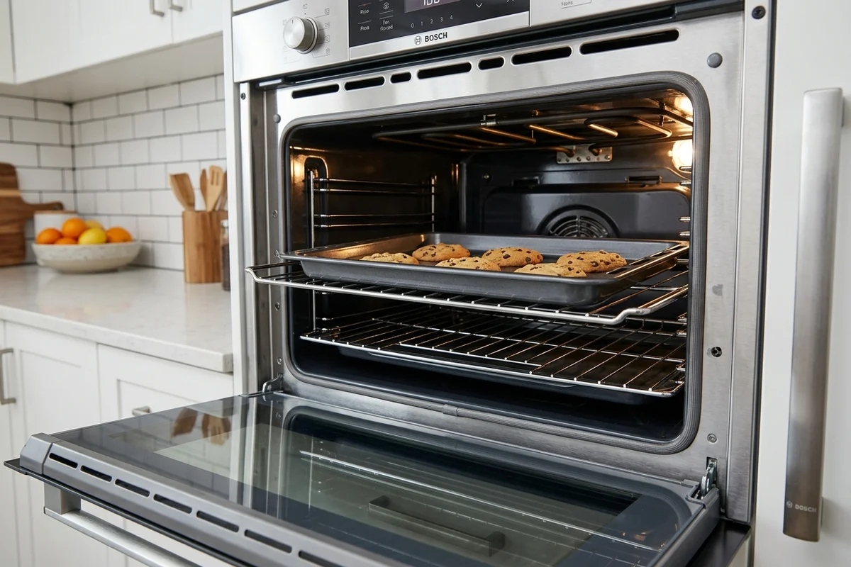 An open electric oven door revealing wire baking racks and interior heating elements.