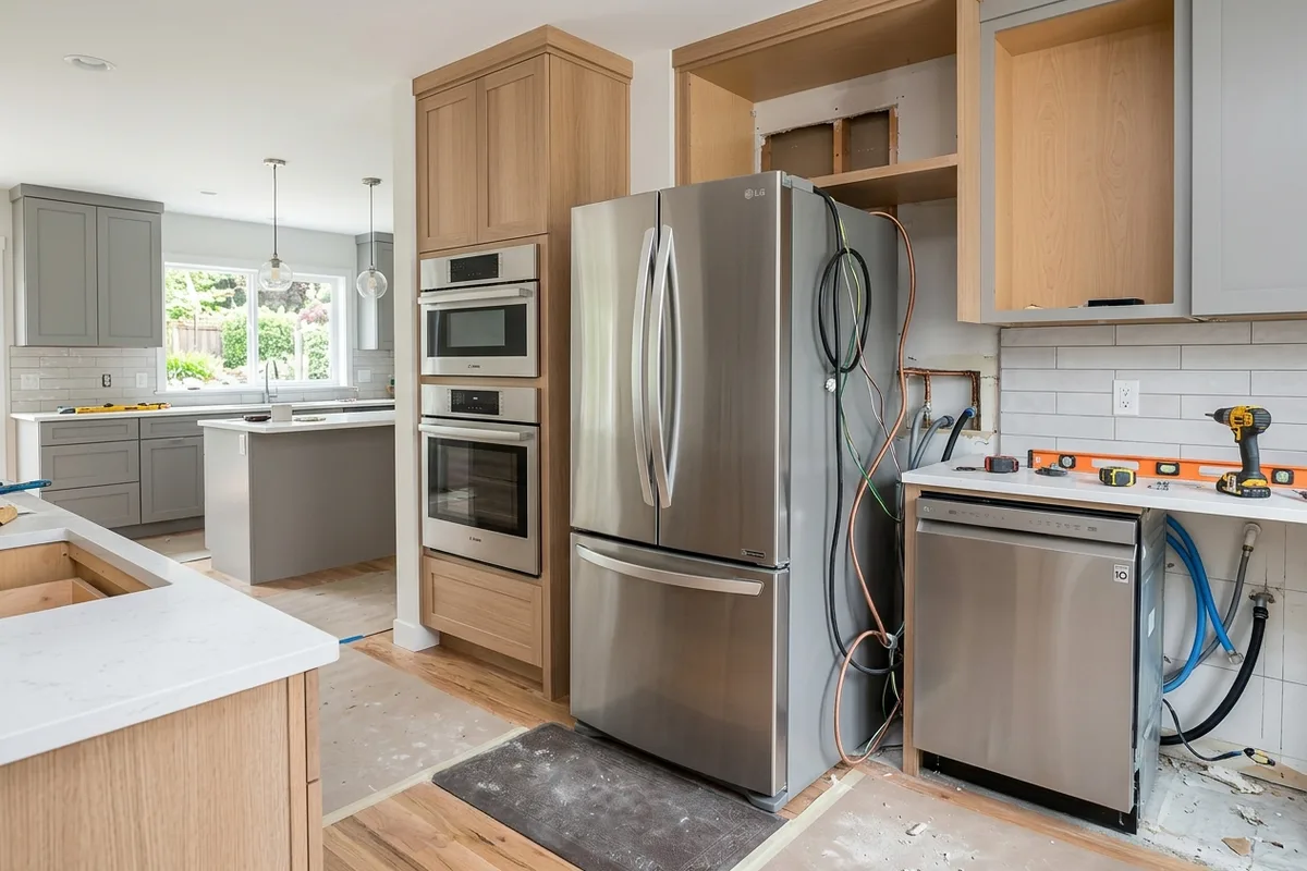 A modern residential kitchen undergoing remodel with built-in oven, stainless steel dishwasher, and refrigerator pulled away from cabinetry with exposed cables and hoses.