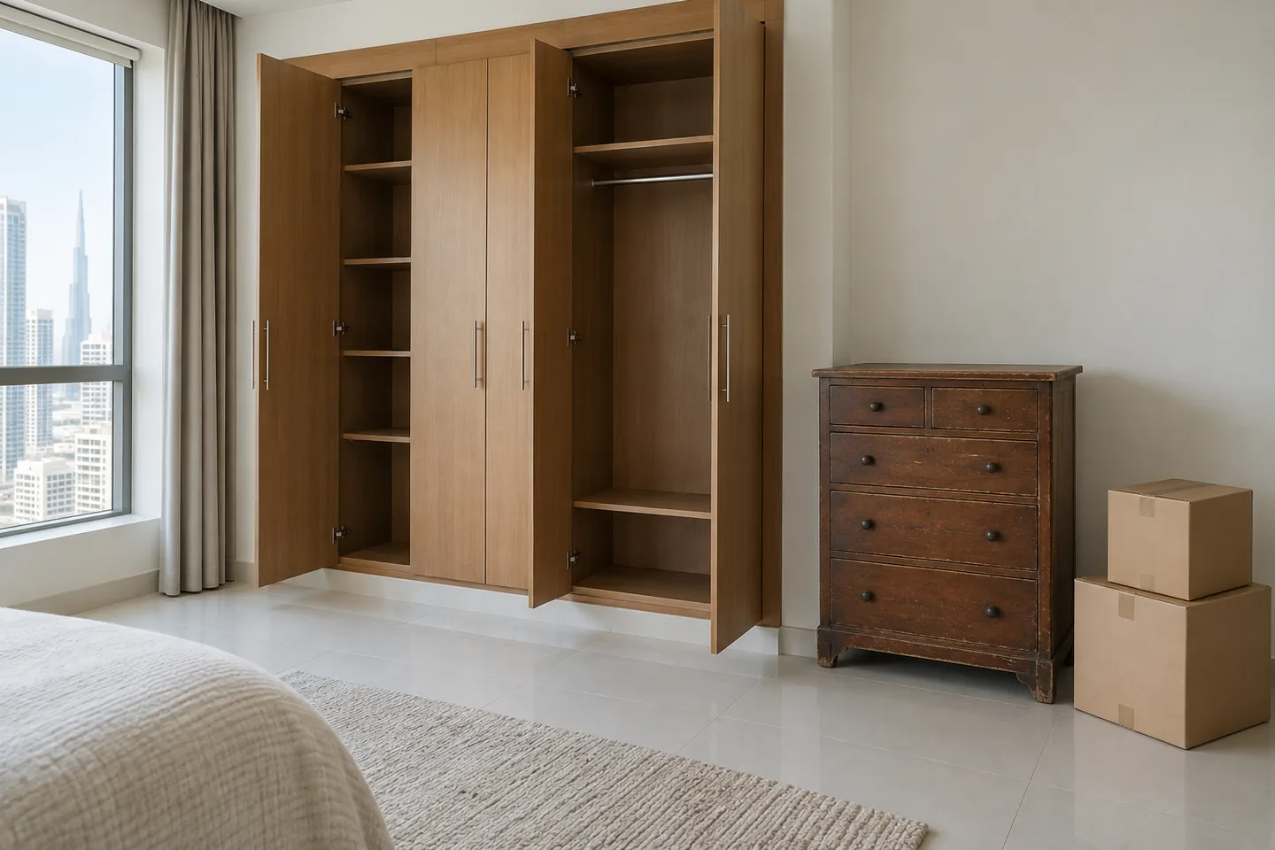 An open fitted wardrobe beside a separate chest of drawers and closed cartons in a bedroom.