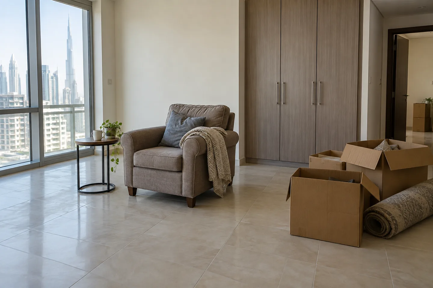 An armchair, small table and moving cartons left in a vacated apartment with a fitted wardrobe.