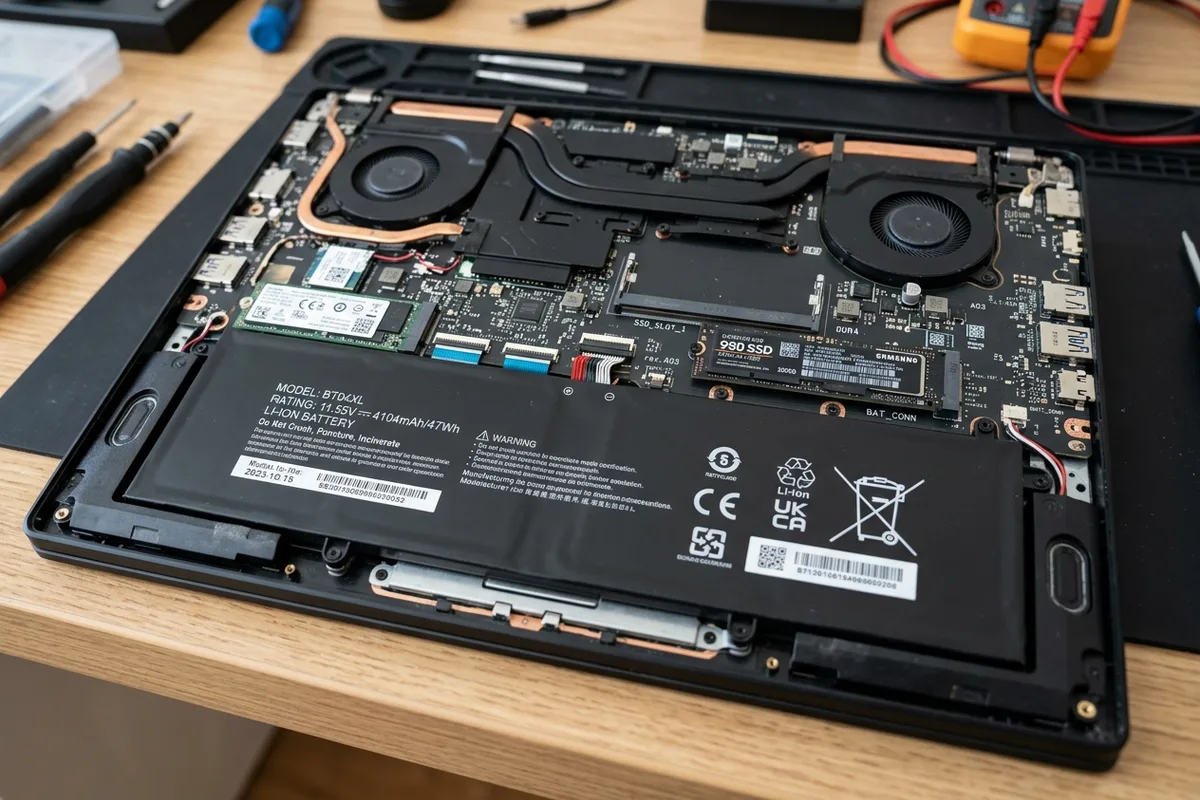 An open laptop chassis exposing the internal lithium-ion battery pack and removable M.2 SSD drive