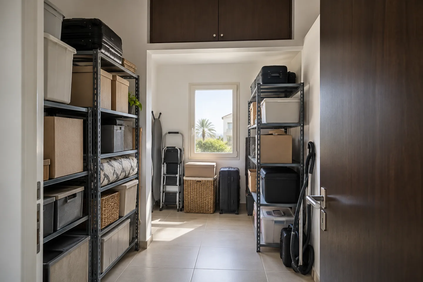 A domestic store room with shelving, suitcases, cartons and a high storage cupboard above the doorway.