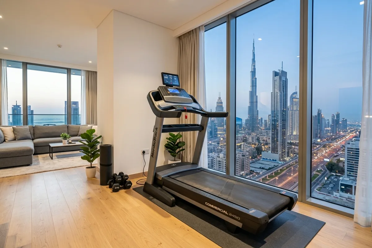 A full-size electric motorized treadmill standing in a clean, modern Dubai apartment room beside floor-to-ceiling windows.