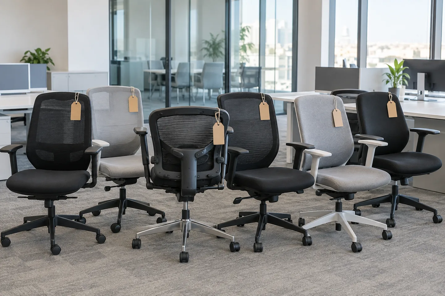 Six tagged ergonomic task chairs grouped together on a cleared office floor