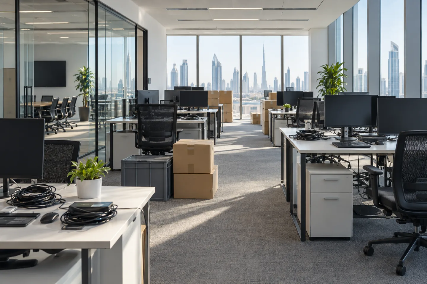 Rows of office desks, chairs, unplugged monitors and reusable crates beside a clear central aisle