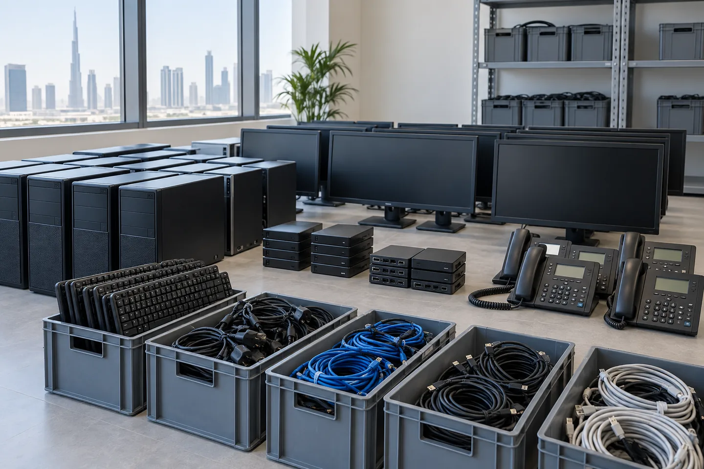 Desktop computers, monitors, desk phones, keyboards and coiled cables sorted by type in reusable crates
