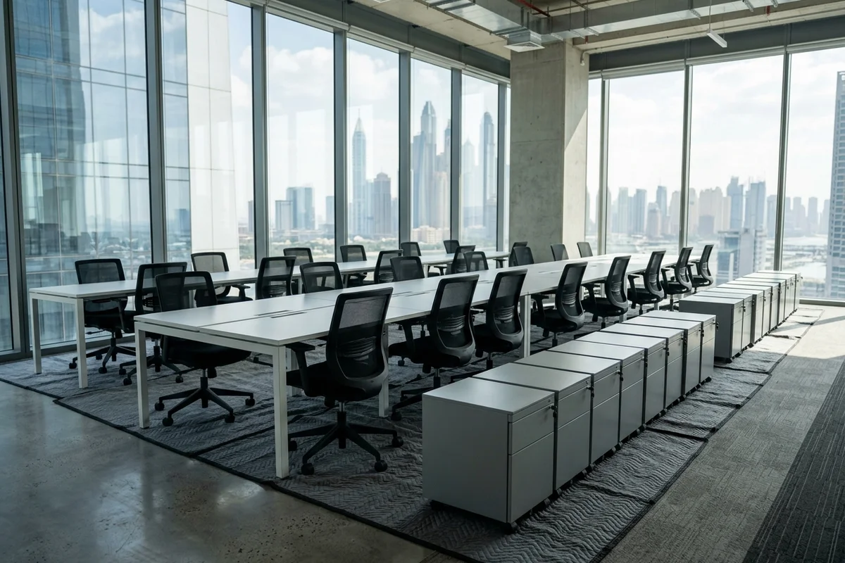 A batch of matched corporate office desks and task chairs staged for donation pickup in an office hallway