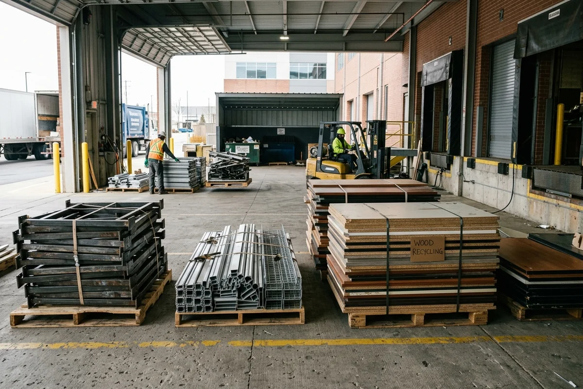 Dismantled steel desk frames, aluminium partition extrusions, and timber panels sorted into recycling collection bins