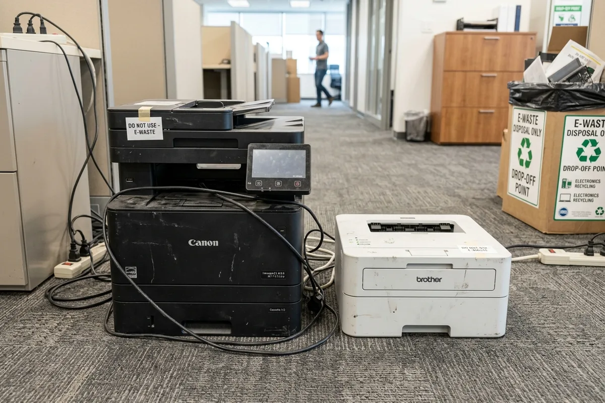 An office multifunction laser printer and desktop inkjet printer standing on an office floor