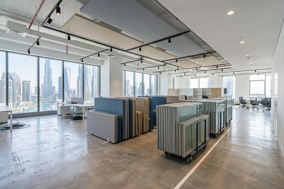 Freestanding acoustic fabric office divider screens and framed glass partition panels neatly stacked on wheeled carts in a Dubai commercial office