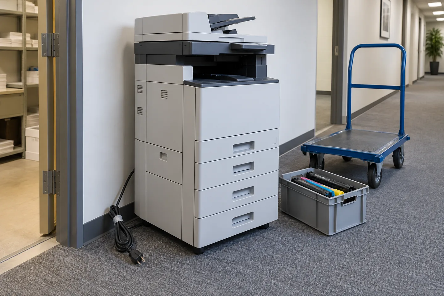 An unplugged floor-standing office photocopier beside a trolley with toner cartridges held in a separate crate