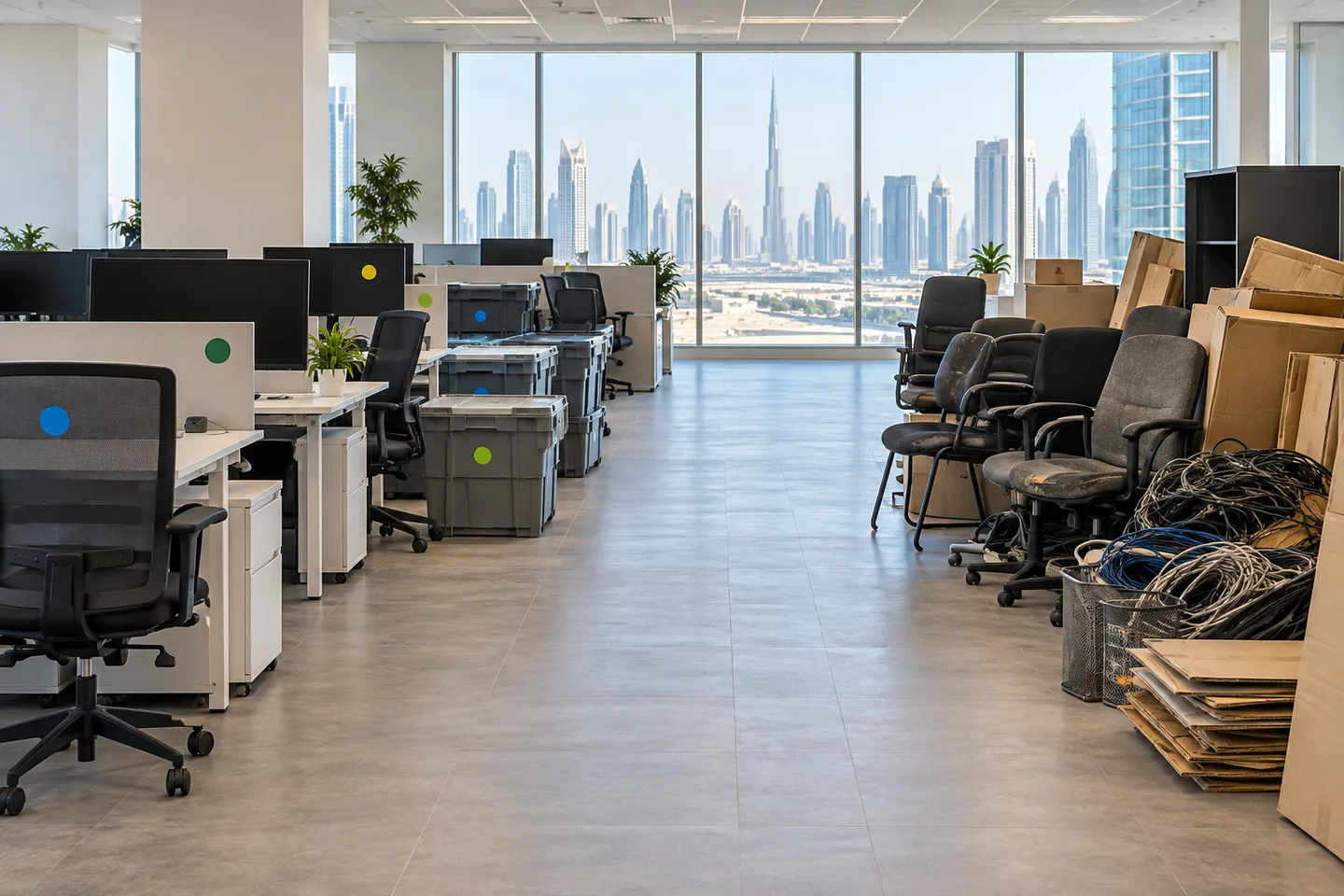 Office furniture and moving crates separated from worn chairs, obsolete cables and flattened packaging by a clear aisle