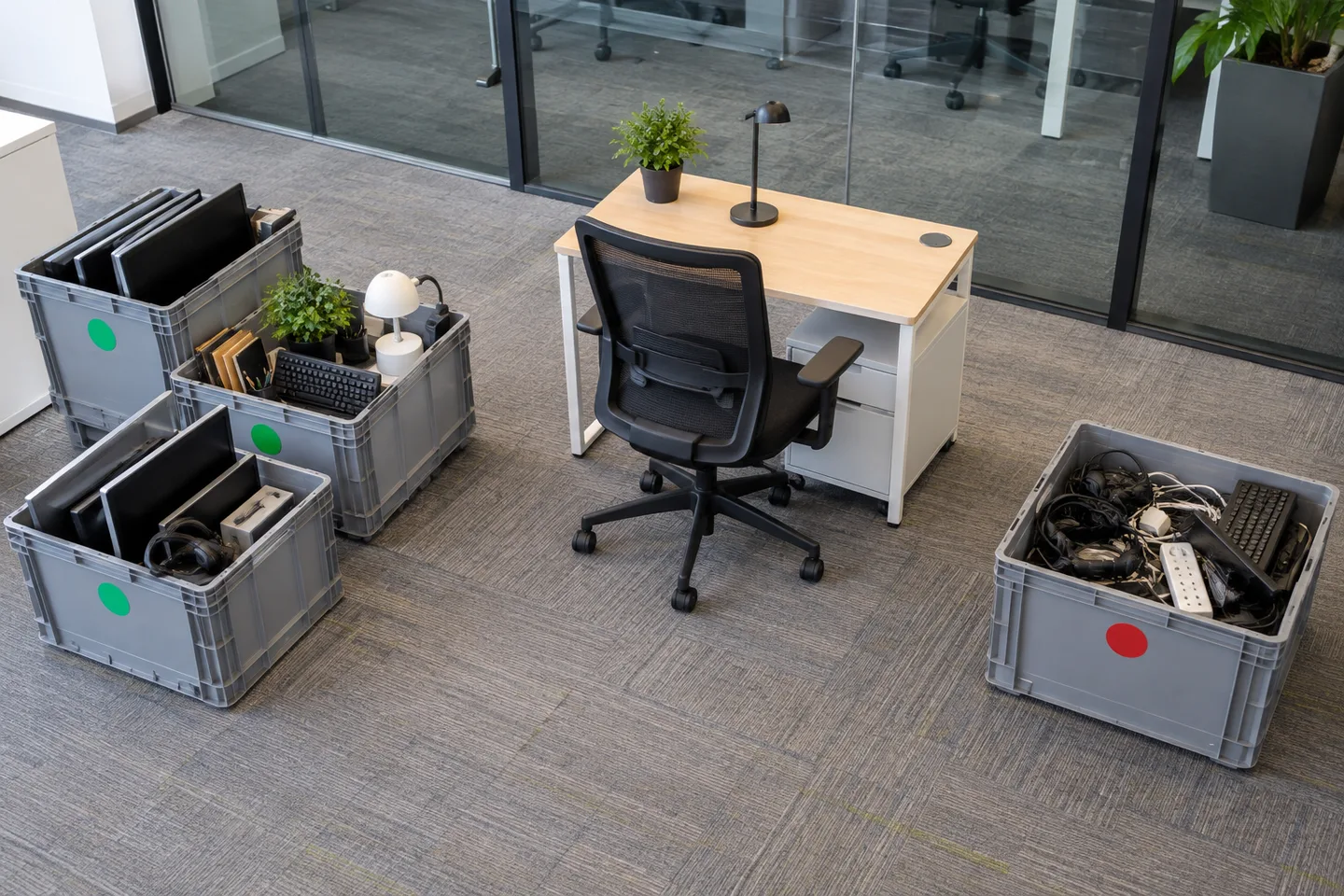 A desk, mesh office chair and drawer pedestal beside grey crates of monitors, keyboards and cables marked with green and red dots on an office carpet