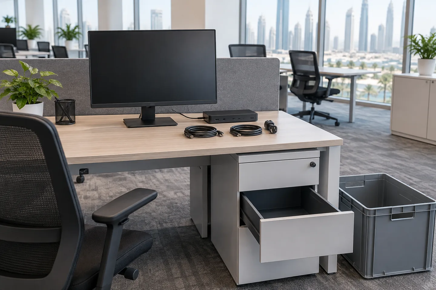 An office desk with a grey pedestal, an unplugged monitor, a docking station and coiled cables beside an empty crate