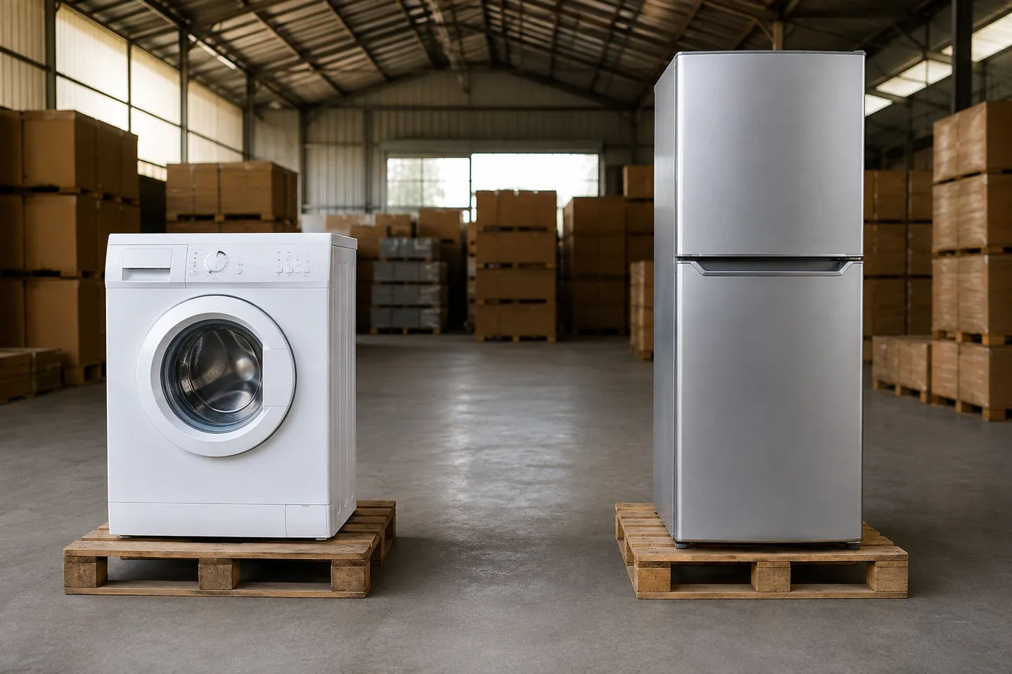 A used washing machine and refrigerator standing on separate pallets in a covered receiving warehouse.
