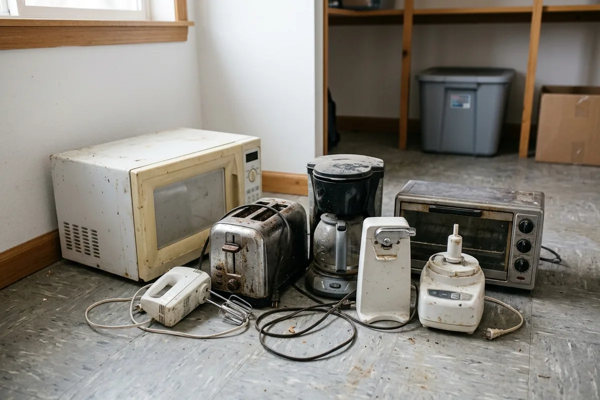A group of old kitchen appliances including a microwave, toaster, blender, and hand mixer arranged on a floor for disposal collection