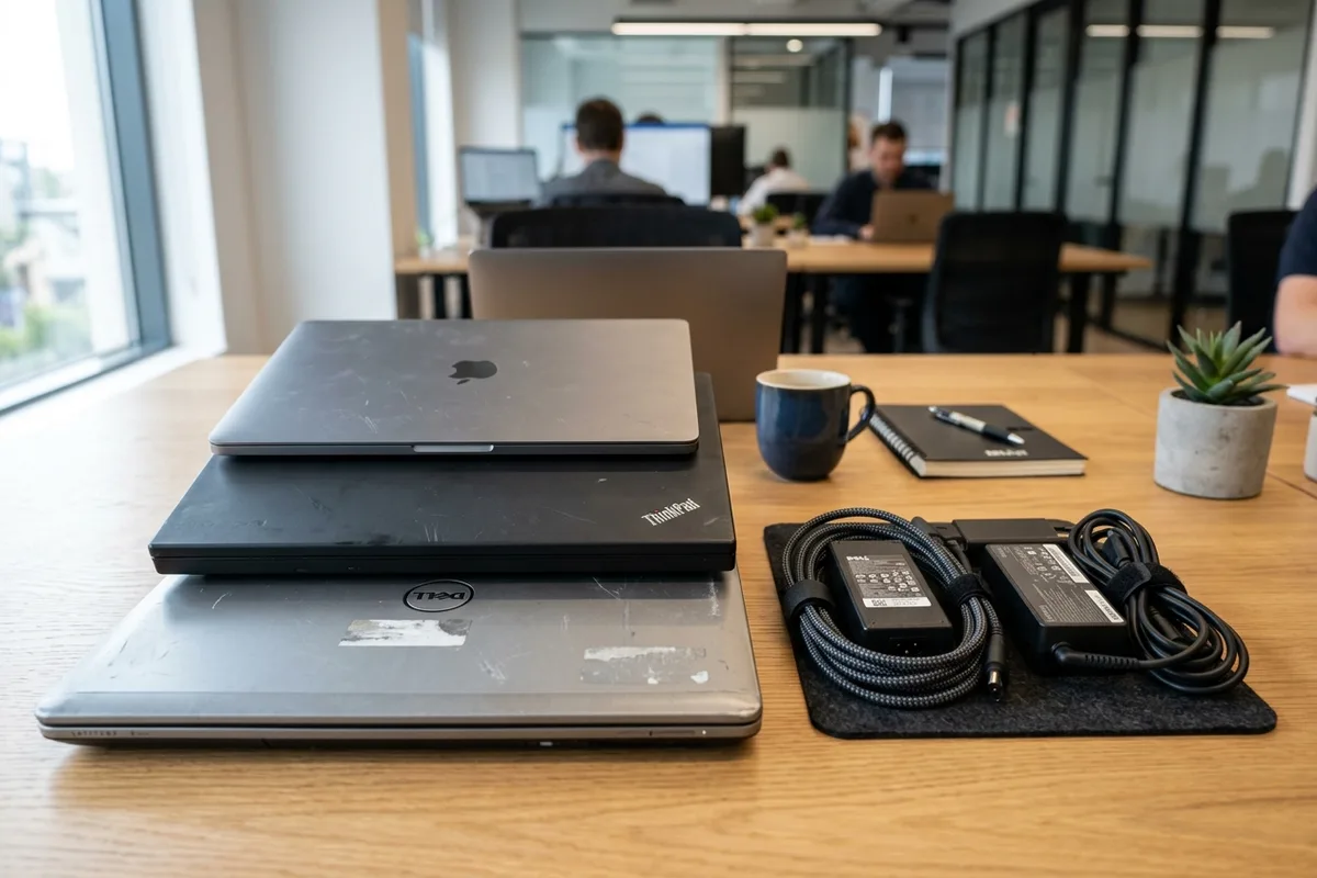 A stack of closed used laptops and power adapter bricks on an office desk ready for disposal
