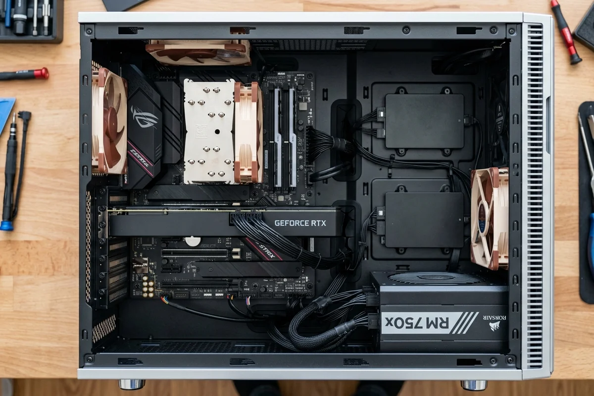 The interior of an open desktop computer chassis displaying motherboard, RAM, power supply, and drive bays.