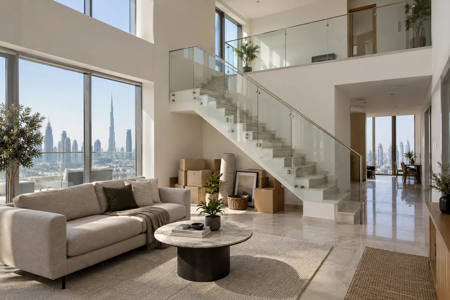 Duplex apartment living room with an internal staircase and an upper landing