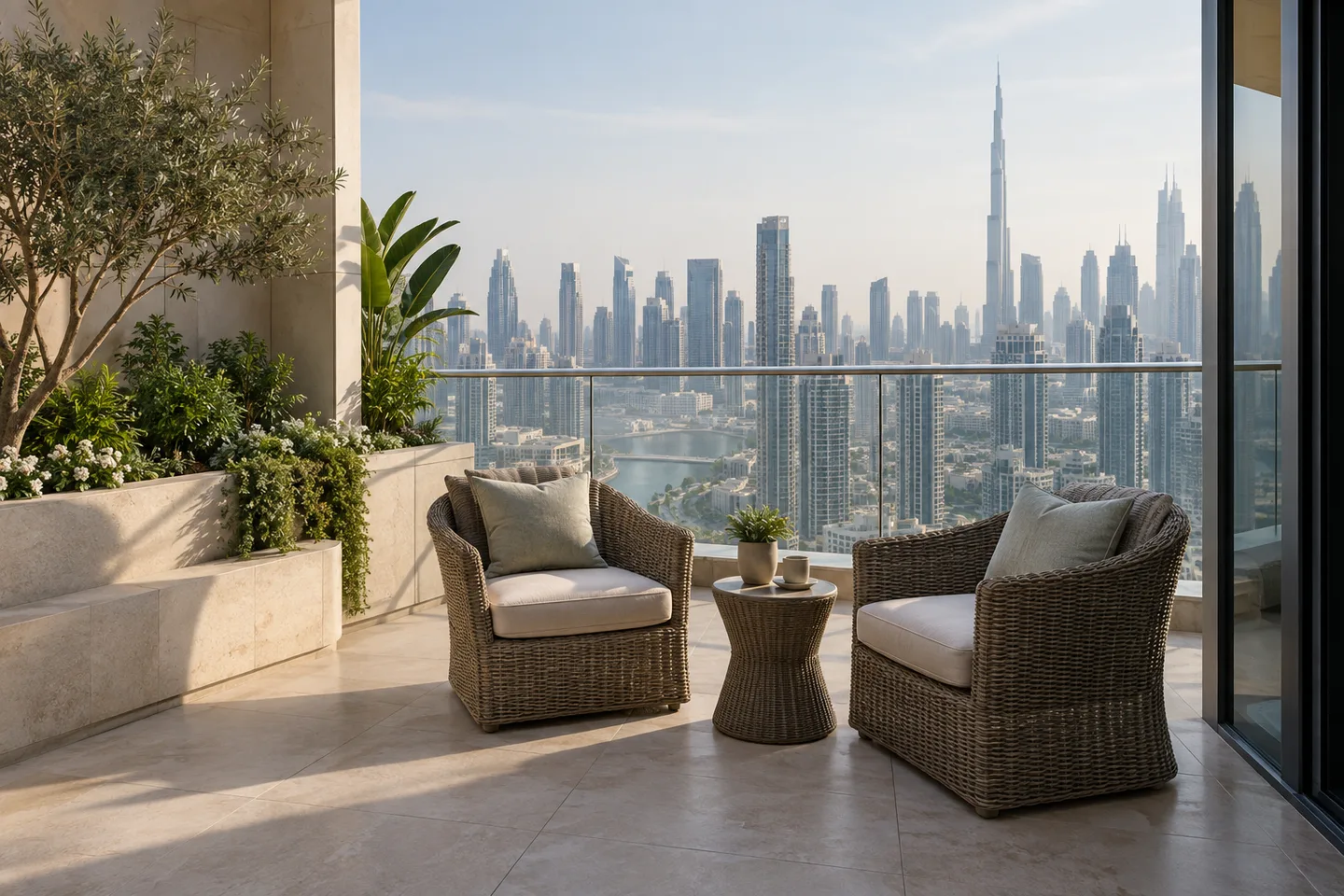 Freestanding wicker chairs and a table beside a fixed raised planter on a high-rise terrace