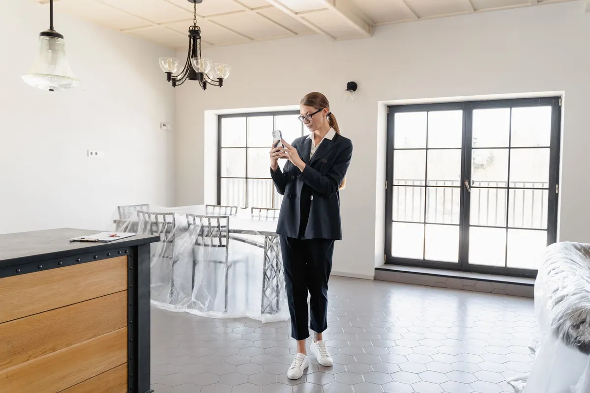 A woman standing in a bright, tiled room photographing it on her phone, with dining chairs and a sofa covered in protective sheeting behind her.