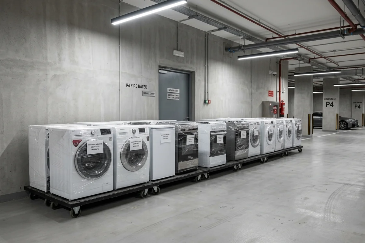 Multiple washing machines and kitchen appliances wrapped in plastic staged in a fire-rated basement corridor of a Dubai residential building.