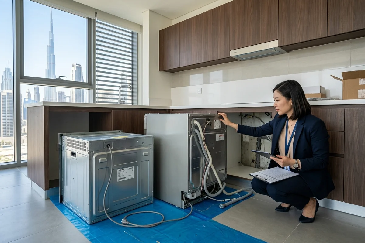 A property manager in business attire reviewing disconnected built-in appliances and plumbing lines during a tenant move-out inspection in a Dubai apartment.