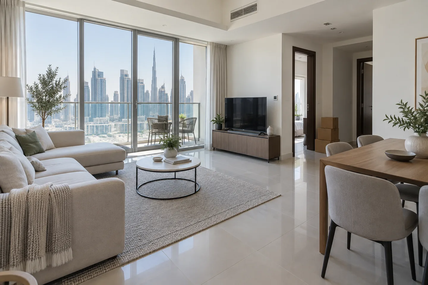 A bright apartment living room with retained seating, a dining table and clear walking space.